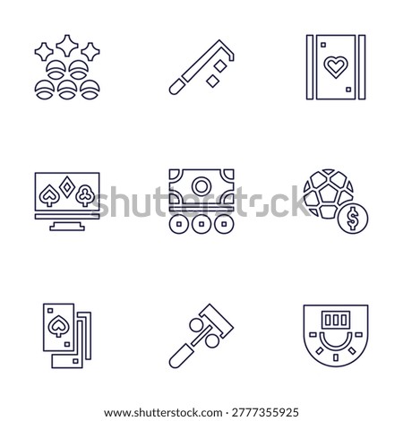 Betting icon set. Line style. Editable stroke. bet, casino, lotto, online casino, poker cards, dices, cash, roulette, poker.