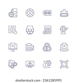 Betting icon set. Thin line icon. Editable stroke. Containing gambling, lottery, online casino, poker, poker chip, raffle, slot machine, tv, bet, bingo, casino chips, exchange, jackpot.