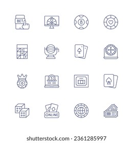 Betting icon set. Thin line icon. Editable stroke. Containing bet, bingo, casino chip, dices, fortune wheel, lottery, money, poker, poker chips, roulette, scratch, spades, ticket, token.