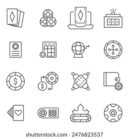 Betting icon set. Thin line icon. Editable stroke. Containing ace of hearts, bet, betting, bingo, cards, casino chips, chips, exchange, jackpot, lottery, online casino, poker, poker chip, roulette