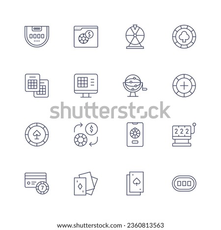 Betting icon set. Thin line icon. Editable stroke. Containing baccarat, bingo, casino chip, credit card, football, lottery, lotto, money, online lottery, poker, poker cards, poker chip, poker table.