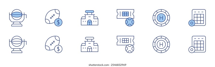 Conjunto de iconos de apuestas en dos estilos, Duotone y estilo de línea fina. Lotería, casino, fútbol americano, bingo.