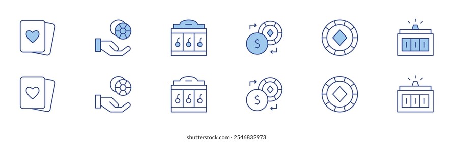 Betting icon set in two styles, Duotone and Thin Line style. Editable stroke. heart, exchange, poker chips, poker chip, jackpot machine, slot machine.
