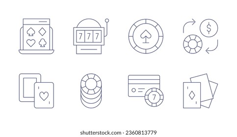Betting icons. editable stroke. Containing casino chip, credit card, money, online gambling, poker, poker cards, poker chips, slot machine.