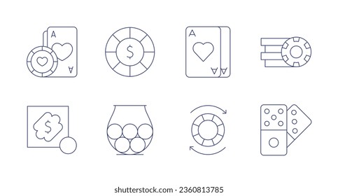 Betting icons. editable stroke. Containing card, casino chips, chip, dominoes, gambling, lottery, poker chip, raffle.
