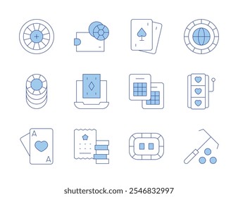 Ícones de apostas. Linha Duotone estilo, golpe editável. fichas de poker, ficha, carteira, mesa de poker, poker, bingo, loteria, roleta, máquina de fenda, casino online, ás de corações, rake.