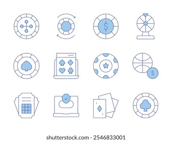 Betting icons. Line Duotone style, editable stroke. chip, ticket, basketball, poker chip, poker, roulette, chips, online gambling, online casino.