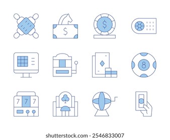 Ícones de apostas. Linha Duotone estilo, jogada editável. aposta, apostas, poker, slot machine, fichas de poker, loteria, casino.