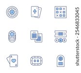 Betting icons set. Line Duotone style, editable stroke. bingo, poker chips, poker table, poker, bet, lottery, roulette, ace of hearts.