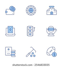 Betting icons set. Line Duotone style, editable stroke. token, wallet, lottery, slot machine, american football, casino, online casino, rake.