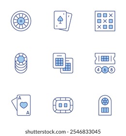 Betting icons set. Line Duotone style, editable stroke. bingo, poker chips, poker table, poker, bet, lottery, roulette, ace of hearts.