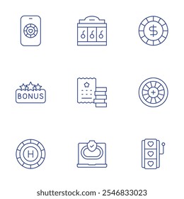 Betting icons set. Thin Line style, editable stroke. bet, bonus, casino, jackpot machine, lottery, online casino, poker chip, roulette, slot machine.