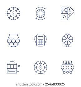 Symbole für Wetten festgelegt. Stil der dünnen Linie, bearbeitbarer Strich. Chip, Chips, Dominosteine, Spieler, Poker-Chip, Tombola, Roulette, Spielautomat, Ticket.