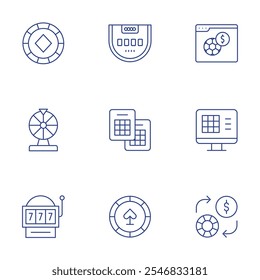 Betting icons set. Thin Line style, editable stroke. baccarat, bingo, casino chip, football, lottery, money, poker chip, roulette, slot machine.