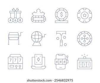 Betting icons. Thin Line style, editable stroke. jackpot, lottery, online casino, poker chip, poker chips, raffle drum, roulette, slot machine, spin.