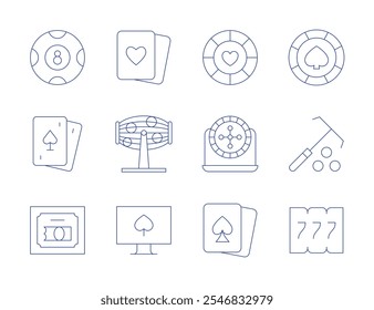 Betting icons. Thin Line style, editable stroke. heart, lottery, online casino, poker chip, poker chips, poker, rake, roulette, scratch, slot machine, spades.