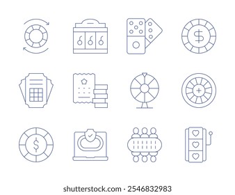 Wettsymbole. Stil der dünnen Linie, bearbeitbarer Strich. Chip, Chips, Dominosteine, Jackpot-Maschine, Lotterie, Online-Casino, Spieler, Poker-Chip, Roulette, Spielautomat, Ticket.