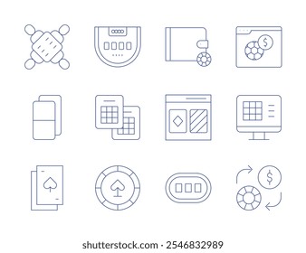 Wettsymbole. Stil der dünnen Linie, bearbeitbarer Strich. Baccarat, Bingo, Casino-Chip, Domino, Fußball, Lotto, Geld, Poker, Pokerkarten, Pokertisch, Geldbörse.