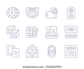 Betting icons. Thin Line style, editable stroke. baccarat, bet, bingo, casino, dices, lottery, lucky draw, poker, poker cards, poker chips, wallet.