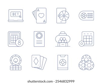 Betting icons. Thin Line style, editable stroke. ace of hearts, bet, betting, bingo, cards, casino chip, casino chips, fortune wheel, lottery, online betting.