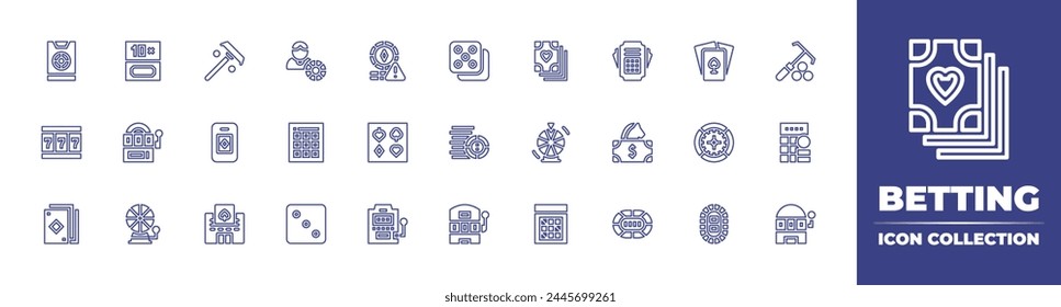 Betting line icon collection. Editable stroke. Vector illustration. Containing chips, slot machine, poker cards, bingo, dice, slot, wheel of fortune, fortune wheel, suits, casino, smartphone.