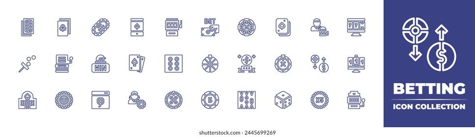 Betting line icon collection. Editable stroke. Vector illustration. Containing bonus, roulette, poker, casino, gamble, casino chip, slot machine, russian roulette, coin, backgammon, dice, clover, win.