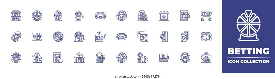 Betting line icon collection. Editable stroke. Vector illustration. Containing spade, poker table, poker chip, money, roulette, cards, good luck, slot machine, casino roulette, lottery, casino.