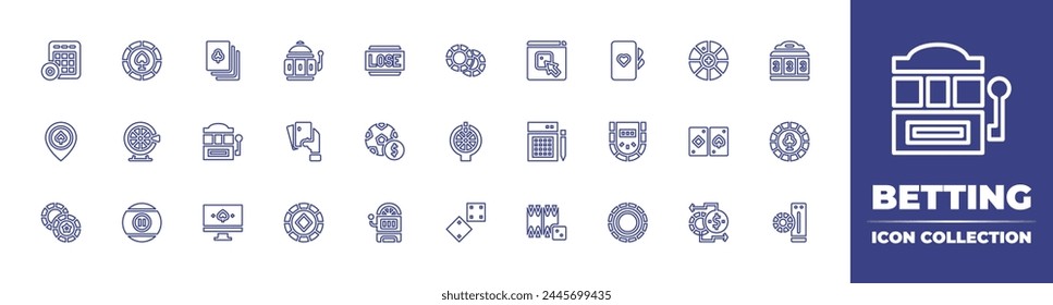 Betting line icon collection. Editable stroke. Vector illustration. Containing poker, football, poker chip, fortune wheel, slot machine, game show, casino, dices, billiard, online casino, playing card