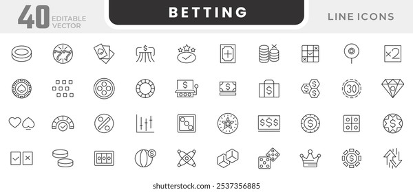 Conjunto de iconos de línea de apuestas. Gran victoria, certificado, máquina de jackpot, fichas de póker, apuesta, jackpot, rueda de la fortuna, bingo, chip de casino, tarjetas, casino, línea de regalo conjunto de iconos. Paquete de iconos de línea delgada de interfaz de usuario