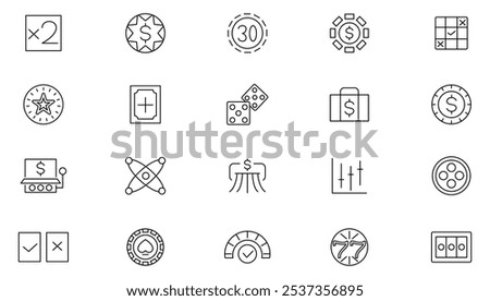 Betting line icon set. Big win, certificate, jackpot machine, poker chips, bet, jackpot, fortune wheel, bingo, casino chip, cards, casino, gift line icon set. UI thin line icon pack