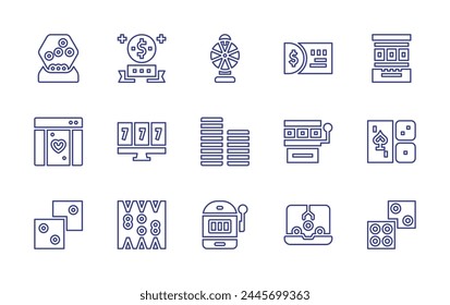 Betting line icon set. Editable stroke. Vector illustration. Containing tokens, slot machine, bonus, backgammon, Frame, dice, fortune wheel, dices, lottery, ticket, online casino, casino, laptop.