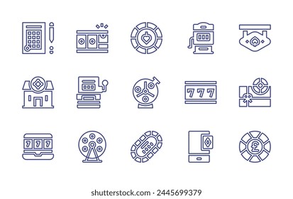 Betting line icon set. Editable stroke. Vector illustration. Containing game, betting, lotto, jackpot, lottery, poker table, gaming, slot machine, poker, gift, poker chip, bingo, casino.