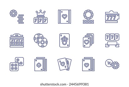 Betting line icon set. Editable stroke. Vector illustration. Containing jackpot, poker cards, joker, lottery, jackpot machine, poker chips, dices, chips, token, aces, poker.