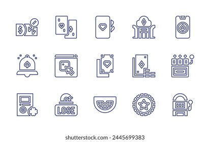 Betting line icon set. Editable stroke. Vector illustration. Containing online betting, poker cards, lose, good luck, cards, slot machine, ticket, coin, black jack, online gambling, casino, poker.