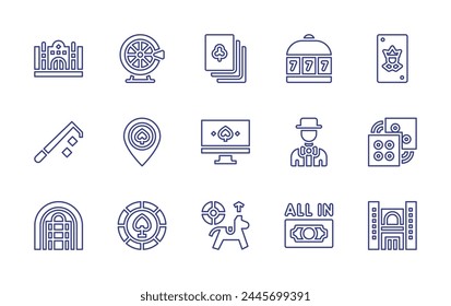 Betting line icon set. Editable stroke. Vector illustration. Containing clovers, betting, fortune wheel, poker chip, joker, casino, dices, slot machine, poker table, online casino, all in, gambler.