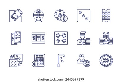 Betting line icon set. Editable stroke. Vector illustration. Containing football, slot machine, bet, scratch, dices, bingo, fortune wheel, domino, dice, casino, ticket, coin, stick, suits.