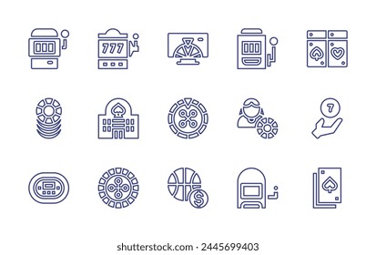 Betting line icon set. Editable stroke. Vector illustration. Containing gambling, roulette, poker chips, jackpot, poker table, casino, slot machine, poker cards, casino chip, russian roulette, tv.