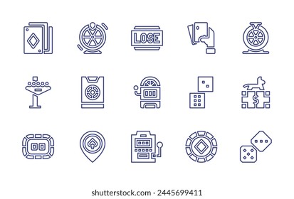 Betting line icon set. Editable stroke. Vector illustration. Containing lottery, cards, online betting, poker chip, dices, las vegas, poker table, casino, fortune wheel, horse, slot machine.