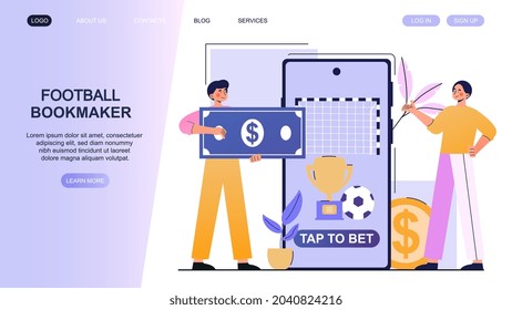 Betting on football. Man carries money to bookmakers. Landing page, concept of gambling. Guess exact score and get your winnings. Cartoon flat vector illustration isolated on white background