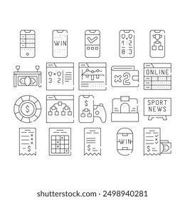 Betting On Gambling Collection Icons Set Vector. Online Betting On Sportive Games, Internet Monitoring And Sport News, Brokerage Office And Phone App Black Contour Illustrations