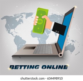 Betting Online. Laptop on the background with a map of the earth. The hand from the screen hands the money to the winner