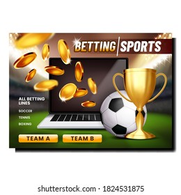 Betting Sport Game Creative Promo Poster Vector. Football Ball And Champion Mug, Laptop And Coins, Bet On Sportive Gambling Game Advertising Marketing Banner. Style Color Concept Template Illustration - Shutterstock ID 1824531875
