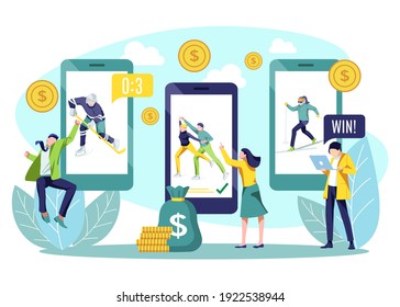 Betting sport online. Tiny people doing sports bets using smartphone app. Hockey, figure skating, skiing online sports with betting people and digital related asset flat vector illustration