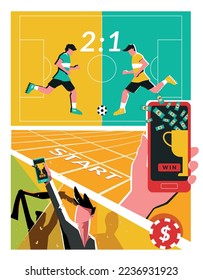 Betting sports flat collage composition with view of football field with players and supporters with smartphone vector illustration