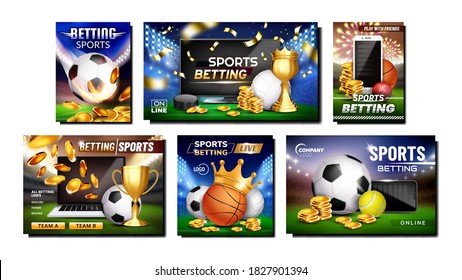 Betting Sports Promotional Posters Set Vector. Tennis And Soccer, Cricket And Basketball, Hockey And Volleyball Betting Sportive Games Advertising Banners. Style Color Concept Template Illustrations