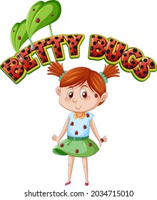 Diseño de texto del logo de Betty Bugs con ladybugs colocados en la ilustración corporal de una chica