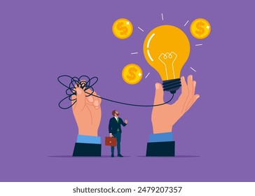 Between chaos and bright idea to become successful rich. Flat vector illustration