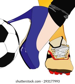 Between football and fashion - Symbolic illustration depicting a woman torn between sport and elegance