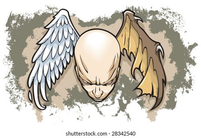 Between Good And Evil, Philosophical Concept Of Human Nature, Wings Of Angel And Demon, Grunge Background, Vector Illustration