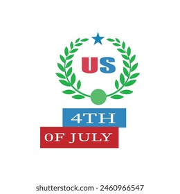 Between green leaves is written US.4th of july.Independence Day .vector design .blue red and green element .Us .in white background .badge .